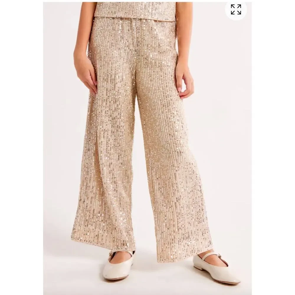 Abercrombie Kids Girls Gold Sequin Pants Wide Leg Party Holiday Occasion 9/10